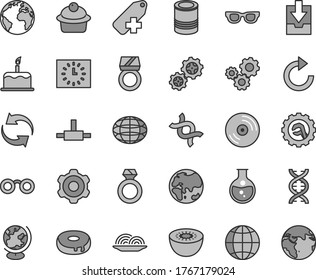 Thin line gray tint vector icon set - sign of the planet vector, renewal, clockwise, add label, download archive data, cogwheel, star gear, CD, earth, cake, tin, onion, muffin, with a hole, kiwi