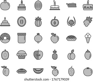 Thin line gray tint vector icon set - cake vector, birthday, slice, torte, glazed with a hole, pie, apple, cone, jam, pineapple, pomegranate, grape, quince, red, tasty, medlar, mulberry, melon, half