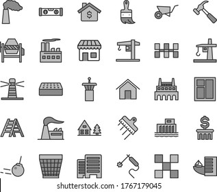 Thin Line Gray Tint Vector Icon Set - Wicker Pot Vector, Crane, Building Trolley, Concrete Mixer, Window, Wooden Paint Brush, Ladder, Level, Buildings, Tile, Ceramic Tiles, Brick, Spatula, Core