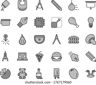 Thin line gray tint vector icon set - laptop vector, graphite pencil, baby powder, bib, children's potty, small teddy bear, big core, wooden paint brush, sink, hedge, electronic boiler, burger, smd