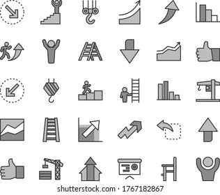 Thin line gray tint vector icon set - upward direction vector, downward, growth up, line chart, positive histogram, a chair for feeding, crane, tower, hook, winch, stepladder, ladder, thumb, move