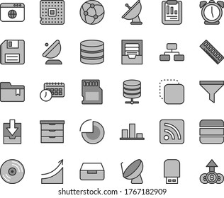 Thin line gray tint vector icon set - floppy disk vector, rss feed, pie chart, archive, download data, folder bookmark, storage unit, alarm clock, CD, flowchart, big server, drawer, copy, processor