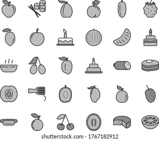 Thin line gray tint vector icon set - cake vector, birthday, sausage, cheese, mini hot dog, noodles, porridge, sushi set, pancakes, cherry, peach, half apricot, red apple, cornels, blackberry, mango