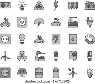 Thin line gray tint vector icon set - bulb vector, power socket type b, f, lightning, dangers, new radiator, storm cloud, charge level, solar panel, windmill, wind energy, factory, oil, barrel