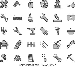 Thin line gray tint vector icon set - repair key vector, clip, bag of a paramedic, winch hook, garden trolley, concrete mixer, cordless drill, wooden paint brush, stepladder, ladder, drawing, knife