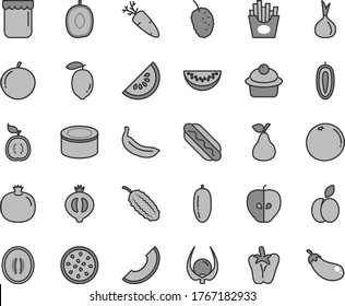 Thin line gray tint vector icon set - canned goods vector, Hot Dog, muffin, peper, carrot, French fries, jam, apple, pear, pomegranate, tasty, half of medlar, mulberry, slice melon, water, tangerine