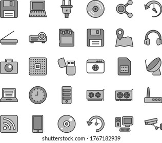 Thin line gray tint vector icon set - laptop vector, rss feed, camera, CD, smartphone, electric plug, processor, satellite dish, SIM card, connections, wall watch, computer, notebook pc, tower, gpu