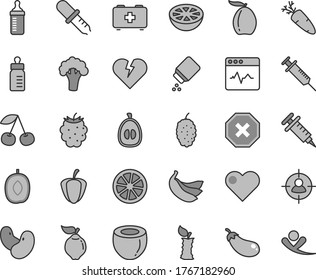 Thin line gray tint vector icon set - mark of injury vector, feeding bottle, measuring for, baby powder, bag a paramedic, heart, broken, cardiogram, carrot, cherry, quince, blackberry, mulberry