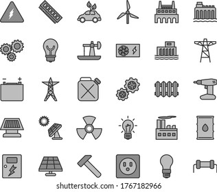 Thin line gray tint vector icon set - drill vector, dangers, new radiator, hammer, bulb, solar panel, big, oil derrick, windmill, accumulator, light, hydroelectric station, hydroelectricity, pole