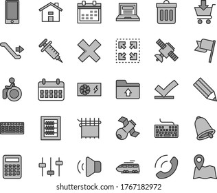 Thin line gray tint vector icon set - house vector, laptop, calendar, keyboard, cross, upload folder, new abacus, bell, dust bin, flag, smartphone, volume, put in cart, phone call, size, pencil, map