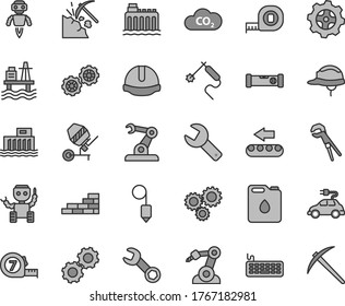 Thin line gray tint vector icon set - repair key vector, brick wall, gears, concrete mixer, adjustable wrench, measuring tape, long meashuring, construction level, helmet, plummet, sea port, gear