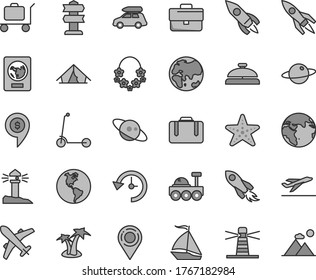 Thin line gray tint vector icon set - briefcase vector, child Kick scooter, planet, Earth, lighthouse, coastal, location, rocket, space, history, saturn, lunar rover, dollar pin, car baggage, plane