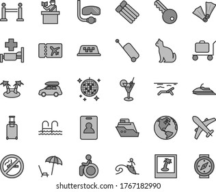 Thin line gray tint vector icon set - earth vector, car baggage, taxi, rope barrier, identity card, rolling suitcase, passort control, plane ticket, case, beach, arnchair under umbrella, cocktail