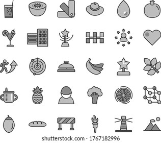 Thin line gray tint vector icon set - hat vector, mug for feeding, color samples, city block, ceramic tiles, traffic signal, heart, drop, loaf, a glass of soda, cocktail, pomegranate, bananas, kiwi