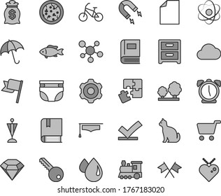 Thin line gray tint vector icon set - clean sheet of paper vector, nappy, Puzzles, e, cogwheel, key, alarm clock, umbrella, flag, nightstand, pizza, fish, trees, drop, magnet, shopping cart, cloud