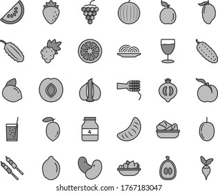 Thin line gray tint vector icon set - onion vector, noodles, lettuce in a plate, of fruit, barbecue, cucumber, glass soda, jar jam, ripe peach, grape, large, plum, raspberry, half medlar, slice