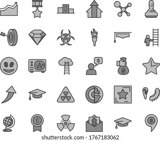 Thin line gray tint vector icon set - star vector, molecule, nuclear, bactery, biohazard, globe, oscilloscope, graduate hat, earth core, flame torch, pedestal, pawn, arrow graph, growth arrows, hero