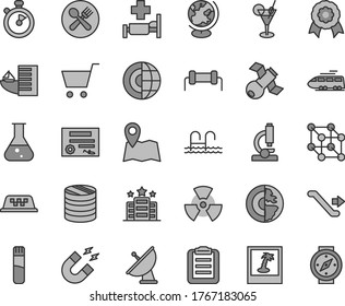 Thin line gray tint vector icon set - column of coins vector, flask, test tube, microscope, nuclear, satellite, globe, magnet, clipboard, earth core, medal, antenna, stopwatch, patente, 3d cube, map