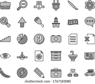 Thin line gray tint vector icon set - tassel vector, upward direction, zoom out, first aid kit, question, storage unit, bag of a paramedic, cogwheel, washbasin, speech, eye, flowchart, delete page