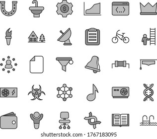 Thin line gray tint vector icon set - bell vector, washbasin, book, water filter, wallet, pc power supply, coding, note, chair, file, dna, biohazard, oscilloscope, graduate hat, clipboard, 3d cube