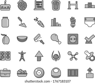 Thin line gray tint vector icon set - camera vector, briefcase, upward direction, dummy, diaper, baby bib, abacus, building trowel, window frame, paint roller, saving light bulb, torte, chicken leg