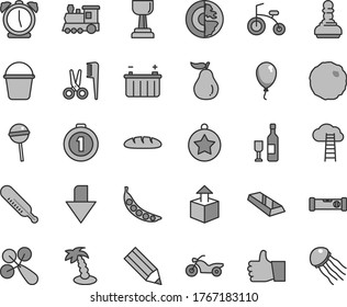 Thin line gray tint vector icon set - downward direction vector, baby rattle, mercury thermometer, accessories for a hairstyle, balloon, child bicycle, bucket, construction level, alarm clock, loaf