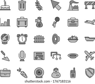 Thin line gray tint vector icon set - briefcase vector, loudspeaker, toys over the cot, bath, cake, building trowel, portfolio, hedge, traffic signal, alarm clock, microphone, case, lens, carrot