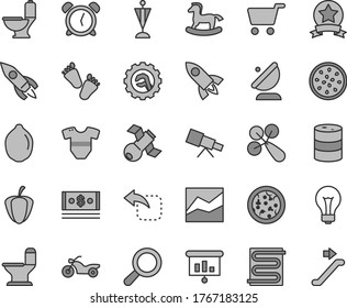 Thin line gray tint vector icon set - matte light bulb vector, alarm clock, magnifier, line chart, t short, baby rattle, children's tracks, small rocking horse, toilet, comfortable, star gear, pizza