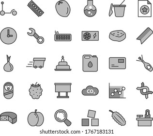 Thin line gray tint vector icon set - bookmark vector, graph, roly poly doll, children's sand set, cubes for children, birthday cake, Kick scooter, wall clock, pass card, cheese, piece of meat, CO2