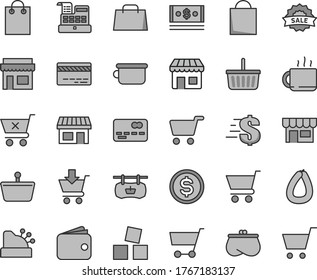 Thin line gray tint vector icon set - paper bag vector, grocery basket, bank card, dollar, children's potty, cubes for children, cart, put in, crossed, kiosk, stick of sausage, cup tea, stall, purse