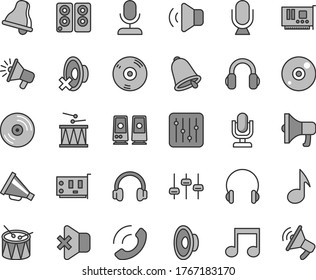 Thin line gray tint vector icon set - bell vector, desktop microphone, horn, loudspeaker, silent mode, drumroll, drum, headphones, CD, regulator, volume, no sound, phone call, megaphone, pc card