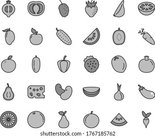 Thin line gray tint vector icon set - piece of cheese vector, cucumber, garlic, carrot, strawberries, pear, pomegranate, apricot, strawberry, half medlar, tasty mulberry, slice water melon, mango