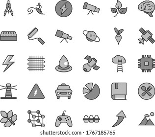 Thin line gray tint vector icon set - lightning vector, e, new roller, brick, car, bundle of eggs, radish, leaves, weaving, drop oil, Measuring compasses, lighthouse, pie charts, cpu, joystick, cafe