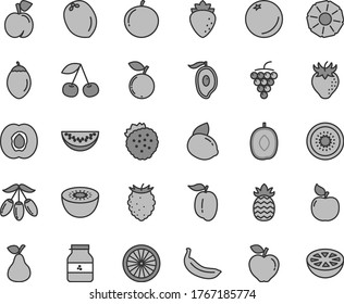 Thin line gray tint vector icon set - jar of jam vector, strawberries, pear, orange, cherry, peach, half apricot, large grape, red apple, raspberry, strawberry, tasty, blueberry, mango, goji berry