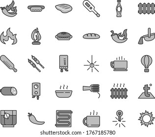 Thin line gray tint vector icon set - electronic thermometer vector e, mercury, heating coil, temperature, new radiator, boiler, coffee, sausage, loaf, mini hot dog, noodles, pie, porridge, chop
