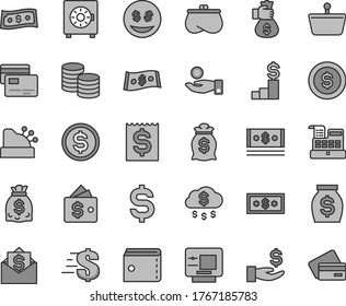 Thin line gray tint vector icon set - purse vector, dollar, strongbox, cards, coins, shopping basket, denomination of the, financial item, get a wage, catch coin, money, dollars, cash, machine, rain