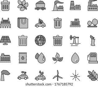 Thin line gray tint vector icon set - bin vector, dust, drop, bag with handles, apple stub, solar panel, working oil derrick, leaves, gas station, windmill, manufacture, factory, hydroelectric