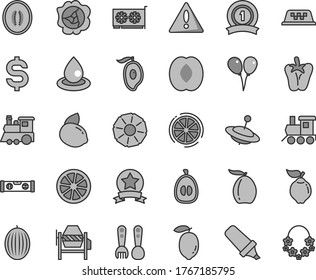 Thin line gray tint vector icon set - warning vector, plastic fork spoons, baby toy train, children's, yule, colored air balloons, concrete mixer, building level, peper, squash, quince, melon, peach