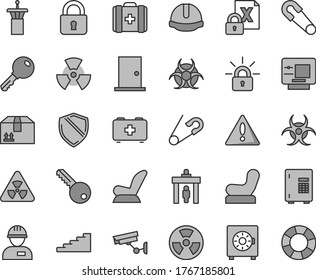 Thin line gray tint vector icon set - warning vector, Baby chair, car child seat, safety pin, open, bag of a paramedic, medical, workman, key, ntrance door, construction helmet, lock, strongbox, atm
