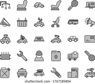 Thin line gray tint vector icon set - horn vector, toys over the cot, Baby chair, car child seat, summer stroller, motor vehicle, present, key, pass card, delivery, modern gas station, battery, eco