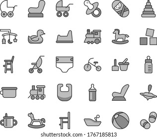 Thin line gray tint vector icon set - toys over the cradle vector, dummy, mug for feeding, bottle, measuring, diaper, bib, Baby chair, car child seat, stroller, carriage, summer, rubber duck, potty