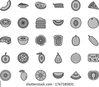 Thin line gray tint vector icon set - piece of cheese vector, pizza, slices onion, cake, slice, bacon, cucumber, sandwich, plum, water melon, half mango, delicious, cherry, lemon, kiwi, orange