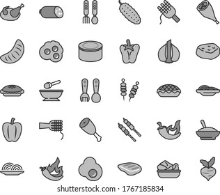 Thin line gray tint vector icon set - deep plate with a spoon vector, plastic fork spoons, iron, sausage, canned goods, fried vegetables on sticks, onion, slices of, spaghetti, noodles, pie, apple