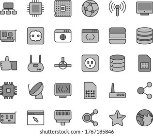 Thin line gray tint vector icon set - power socket type b vector, f, star, thumb up, screen, big data, processor, satellite dish, SIM card, connection, connections, scheme, cpu, pc, router, network