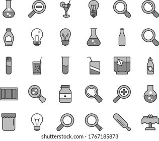 Thin line gray tint vector icon set - matte light bulb vector, incandescent lamp, magnifier, zoom, out, mercury thermometer, e, window frame, a glass of soda, tea, jam, jar, bottle, liquor, flask