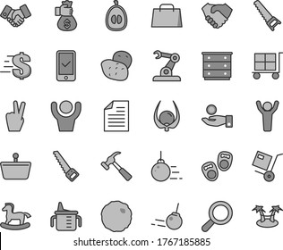 Thin line gray tint vector icon set - cargo trolley vector, scribbled paper, magnifier, dollar, chest of drawers, measuring cup for feeding, small rocking horse, shoes little children, big core, arm