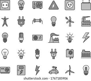 Thin line gray tint vector icon set - lightning vector, matte light bulb, power socket type b, f, dangers, windmill, wind energy, factory, accumulator, hydroelectricity, line, plug, electric, saving