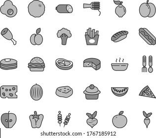 Thin line gray tint vector icon set - iron fork spoons vector, sausage, piece of cheese, fried vegetables on sticks, pizza, Hot Dog, burger, noodles, muffin, porridge, chicken thigh, bacon, cabbage