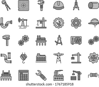 Thin line gray tint vector icon set - tower crane vector, hook, gears, cogwheel, adjustable wrench, sewerage, construction helmet, gear, working oil derrick, water pipes, hydroelectricity, factory