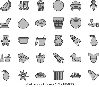 Thin line gray tint vector icon set - wicker pot vector, Child T shirt, car seat, baby duckling, toy sand set, children's, potty, teddy bear, small, train, onion, apple pie, cabbage, piece of meat